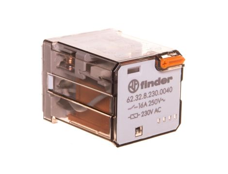 Przekaźnik 2P 16A 230V AC do gniazd lub Faston 187, przycisk testujący, mechaniczny wskaźnik zadziałania 62.32.8.230.0040