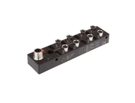 Moduł logiczny 27x130x31mm AND/OR 8-krotny 10-30V DC -30-85 stC złącze M8 żeńskie 3-pinowe złącze M12 męskie 4-pinowe IP67 VL310
