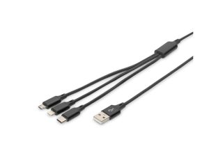 Kabel połączeniowy USB 3w1 Typ USB C + Lightning + micro USB B USB A M-M 10W nylon czarny 1m AK-300160-010-S