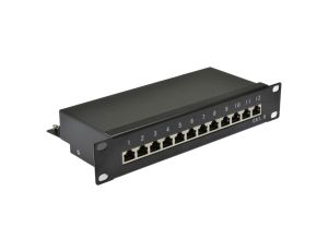Patch panel RACK 10 cali kat.6 12p FTP z półką 1U czarny NEKU