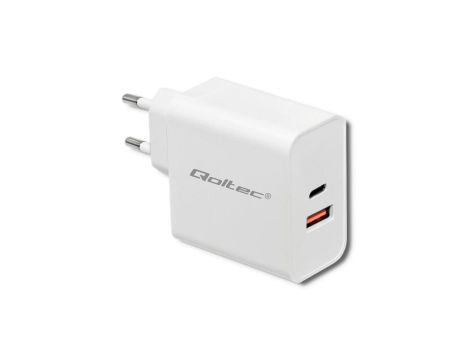 Qoltec Ładowarka sieciowa 63W 5-20V 1.5-3A USB typ C PD USB QC 3.0 Biała