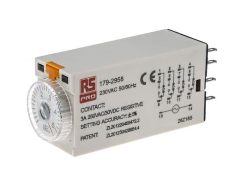 Przekaźnik czasowy zwłoczny jednofunkcyjny 0.2 → 5s 4PDT 4-stykowy 4PDT 230V ac