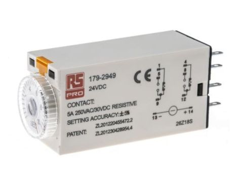 Przekaźnik czasowy zwłoczny jednofunkcyjny 0.5 → 10s DPDT 2-stykowy DPDT 24V dc