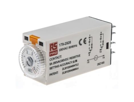 Przekaźnik czasowy zwłoczny jednofunkcyjny 0.2 → 5s DPDT 2-stykowy DPDT 230V ac