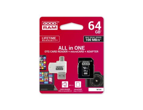 Karta pamięci z adapterem i czytnikiem kart GoodRam All in one M1A4-0640R12 (64GB Class 10 Adapter, Czytnik kart MicroSDHC, Kart