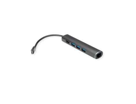 VALUE Stacja dokująca USB typu C, HDMI 4K, 3x USB typu A, Gigabit Ethernet, grijs