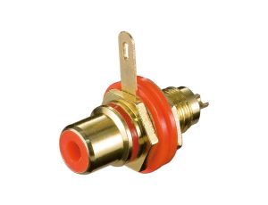 Gniazdo cinch do montażu w obudowie z izolacją i przyłączem lutowanym - Wersja kolorystyczna Czerwony