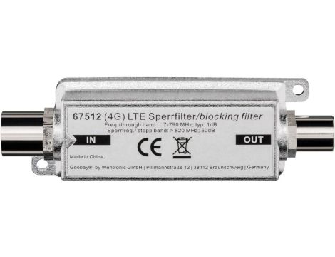 Filtr blokujacy LTE/4G, Wtyk do kabla koncentrycznego - Gniazdo do kabla koncentrycznego - Połączenie typu Wtyk do kabla koncent