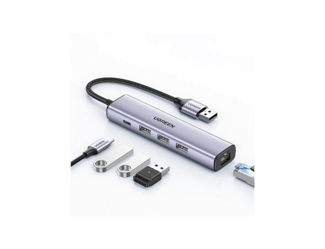 Ugreen wielofunkcyjny adapter HUB USB 3.0 - 3 x USB / Ethernet RJ-45 / USB Typ C PD szary (CM475)
