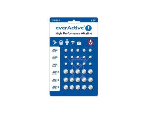 zestaw 30 sztuk baterii alkalicznych mini everActive 10 x G3 / LR41, 5 x G4 / LR626, 5 x G10 / LR1130, 10 x G13 / LR1154