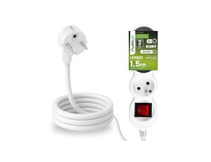 Przedłużacz Sieciowy Kabel z Uziemieniem Listwa Zasilająca 3 Gniazda 1.5m Włącznik ON/OFF Biały Sznur Lendo Lumiled