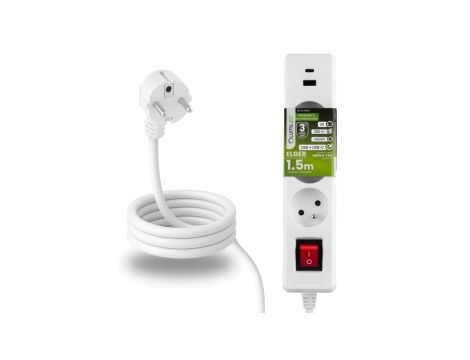 Przedłużacz Sieciowy Kabel z Uziemieniem Listwa Zasilająca 3 Gniazda 1.5m Włącznik ON/OFF Biały USB + USB-C Sznur ELGER Lumiled