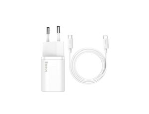 Szybka ładowarka sieciowa Baseus Si USB-C 25W 3A z kablem USB-C / USB-C 1m - biały