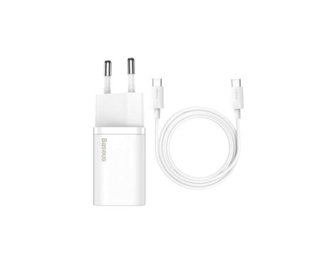 Szybka ładowarka sieciowa Baseus Si USB-C 25W 3A z kablem USB-C / USB-C 1m - biały