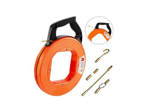 Włókno szklane do przeciągania kabli fi:4mm 75m z zestawem 6 końcówek pomarańczowa kaseta NEKU