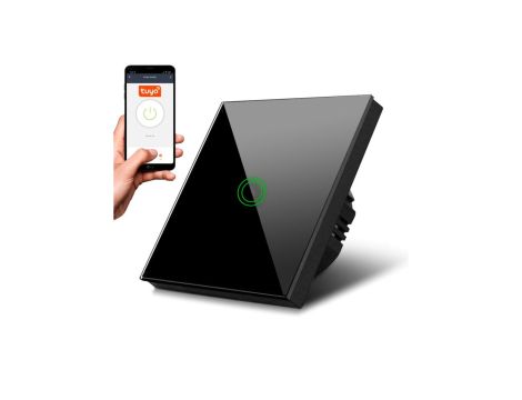 Dotykowy włącznik światła Maclean, pojedynczy, SMART, Tuya APP, szklany, czarny z okrągłym podśw. przycisku, 86x86mm, MCE715B