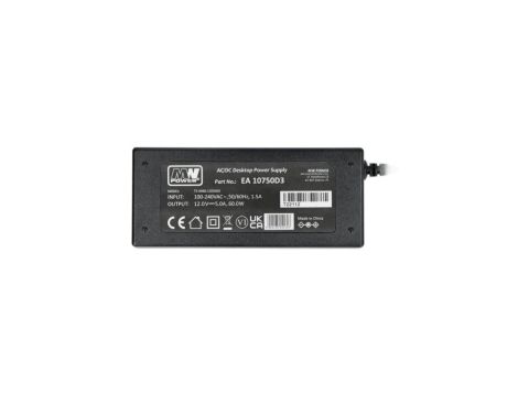 Zasilacz wtyczkowy desktop 12V 5A 60W uniwersalny DC 2,1/5,5 bez przewodu MW Power