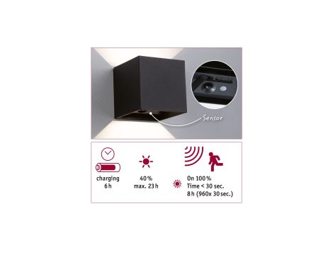 Mobilna lmapa ścienna NYARA LED z czujnikiem 2x1W góra/dół 3000K 2x165lm USB-C Aku IP44 czarny / aluminium / tworzywo sztuczne - 4