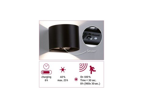 Mobilna lmapa ścienna NYORA LED z czujnikiem 2x1W góra/dół 3000K 2x165lm USB-C Aku IP44 czarny / aluminium / tworzywo sztuczne - 3