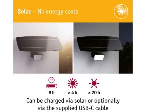 Solarna oprawa elewacyjna FLOTAS LED SH Zigbee 6,2W 700lm 3000K IP65 USB-C Aku antracyt / tworzywo sztuczne - 5