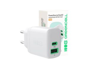 ŁADOWARKA SIECIOWA Greencell PowerSource Duo30 30W 1xUSB-C 1xUSB-A PD 3.0 QC 4.0+ biała