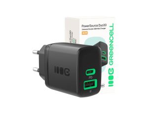 ŁADOWARKA SIECIOWA Greencell PowerSource Duo30 30W 1xUSB-C 1xUSB-A PD 3.0 QC 4.0+ czarna