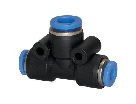 Trójnik pneumatyczny wtykowy redukcyjny typu T do węża z fi 2x4 mm na 1x6 mm, tworzywo sztuczne