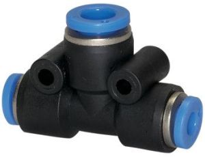 Trójnik pneumatyczny wtykowy redukcyjny typu T do węża z fi 2x12 mm na 1x10 mm, tworzywo sztuczne