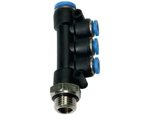 Rozdzielacz pneumatyczny wtykowy z trzema odejściami G 3/8 GZ, 4x10 mm, tworzywo sztuczne