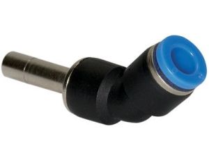 Redukcja kątowa 45° do złączy wtykowych pneumatycznych, wtyk 12 mm pod wąż fi 10 mm