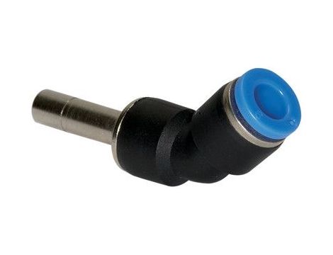 Redukcja kątowa 45° do złączy wtykowych pneumatycznych, wtyk 12 mm pod wąż fi 10 mm
