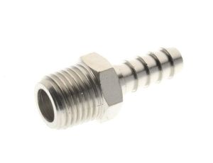 Króciec gwintowany choinka do węża fi 14 mm R 1/2 GZ, mosiądz niklowany, gwint stożkowy