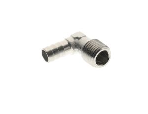 Króciec gwintowany kątowy R 1/4 GZ, choinka do węża fi 6 mm, mosiądz niklowany