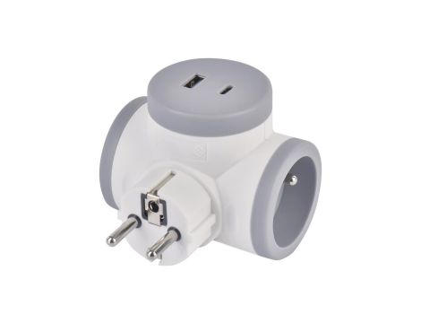 Rozgałęźnik 2, 1USB-A+1USB-C, biało-szary