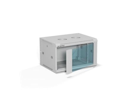 Szafa rack wisząca 19 cali 6U 600x450, drzwi szklane, tył i osłony boczne demontowalne, FLAT PACK kolor szary ALANTEC