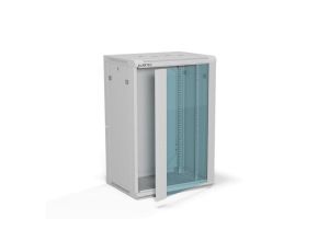 Szafa rack wisząca 19 cali 18U 600x450, drzwi szklane, tył i osłony boczne demontowalne, ZŁOŻONA kolor szary ALANTEC