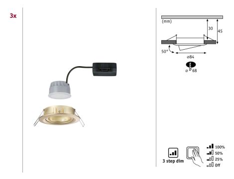 Zestaw wychylnych opraw wpuszczanych LED Nova Coin okrągłych 3-Step DIM 84mm 100° 3x6W 3x470lm 2700K IP23 230V Złoty matowy / aluminium - 6