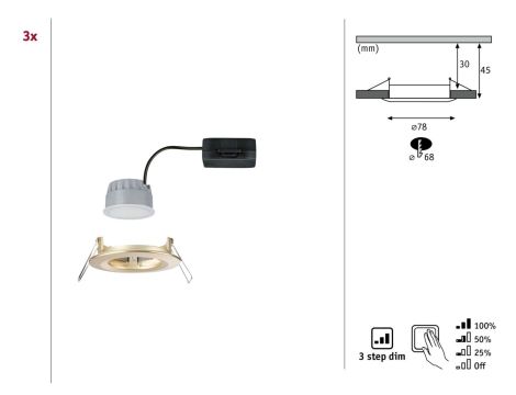 Zestaw opraw wpuszczanych LED Nova Coin okrągłych 3-Step DIM 74mm 100° 3x6W 3x470lm 2700K IP23 230V Złoty matowy / aluminium - 7