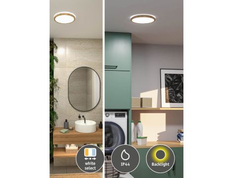 Plafoniera ATRIA SHINE LED 14,8W ze zmienną barwą 3000/4000/6500K + światło odbite okrągła 298mm/35mm 2250 lm 230V IP44 Klasa energ. B wzór drewna / tworzywo sztuczne - 3