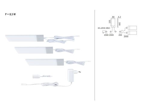 Oprawa podszafkowa LED Bredo zestaw 3 szt. czujnik zbliżeniowy 3x2,5W 80x190mm 3x180lm 230/12V czarny - 8