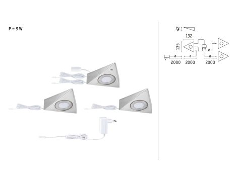 Oprawa podszafkowa TRIAS zestaw 3 szt. czujnik zbliżeniowy 3x2,7W 135x132mm 3x185lm 3000K 230/12V szczotkowane żelazo / metal - 8