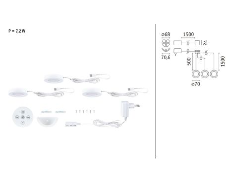 Oprawa podszafkowa LED Batuno zestaw 3szt z pilotem 3x2.1W 70mm 3x180lm 230/24V zmienna barwa 2200/2700/3500/4000K biały / tworzywo sztuczne - 10