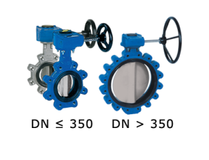 Przepustnica z otworami gwintowanymi SYLAX z przekładnią ślimakową dysk AISI316 żeliwo sferoidalne Nitryl BAR 16 DN 350 (PN16) Socla