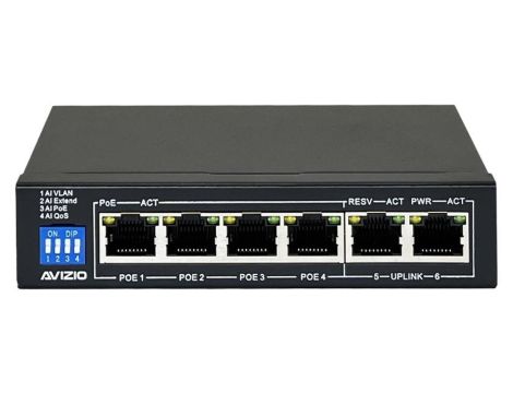 Switch PoE Desktop 6x port RJ45 (Fast Ethernet 100Mb/s, w tym 4x PoE+ i 2x Uplink) przełącznik niezarządzalny AVIZIO