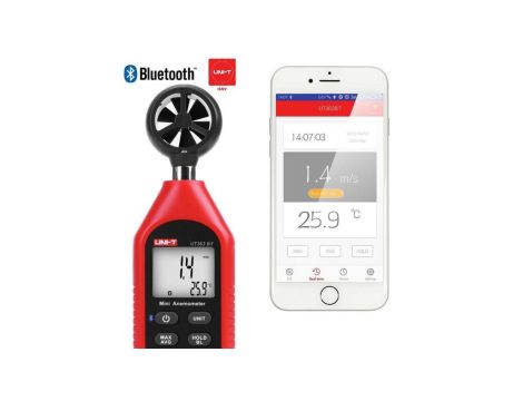 Ręczny mini anemometr z termometrem i maks./min, wbudowany Bluetooth termoanemometr UT-363-BT