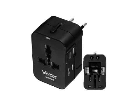 Adapter podróżny UK/US/EU/AU z ładowarką USB-A, USB-C 100V-240Vac 6A 1500W czarny VA0407 Vayox