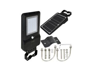 Oprawa, lampa solarna uliczna LED SOLGER 15W 1600lm 4000K IP65 czarna barwa NW biała neutralna czujnik PIR BEMKO