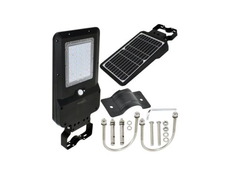 Oprawa, lampa solarna uliczna LED SOLGER 15W 1600lm 4000K IP65 czarna barwa NW biała neutralna czujnik PIR BEMKO
