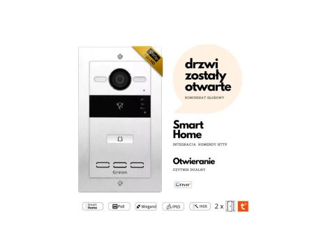 GREON IP GR-OS10-1B-P Panel zewnętrzny wideo podtynkowy, 1-przyciskowy, czytnik RFID 125kHz/13,56MHz, PoE, 2 przekaźniki