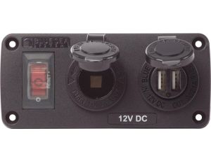 Wodoodporny Panel Blue Sea – Wyłącznik 15A, Gniazdo 12V, Ładowarka USB 2.1A